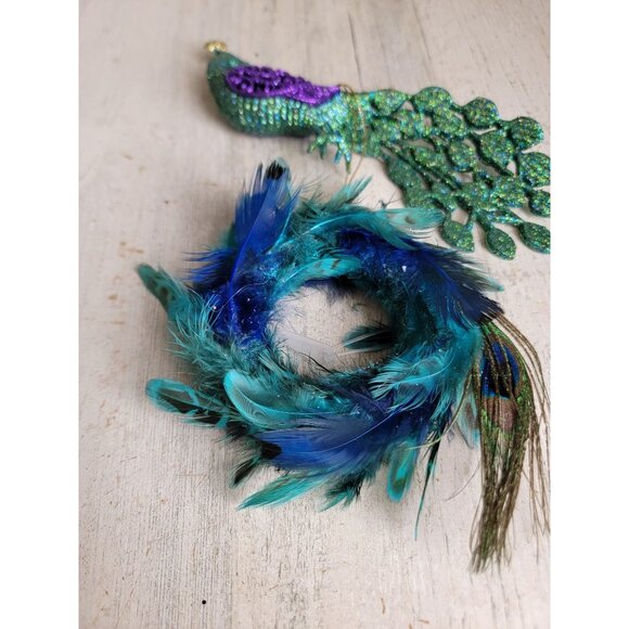 Peacock bird glitter miniature wreath unique set ornament Xmas - Picture 2 of 7
